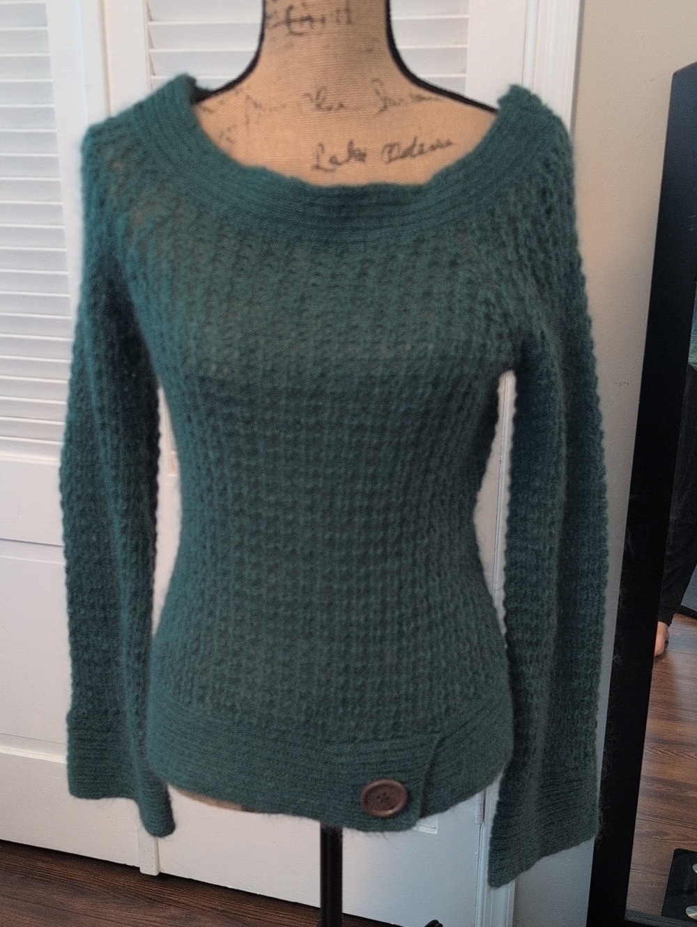twiggy Teal Scoop-Neck Knit Sweater with Button Hem